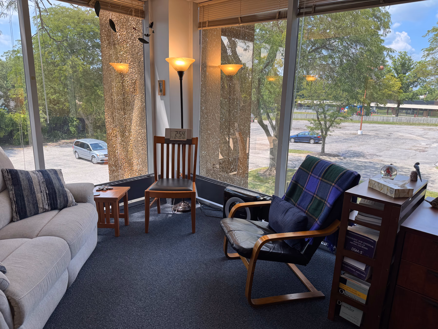 A second view of the seating area and windows in Dr. Beth McCreary's office at ABHS