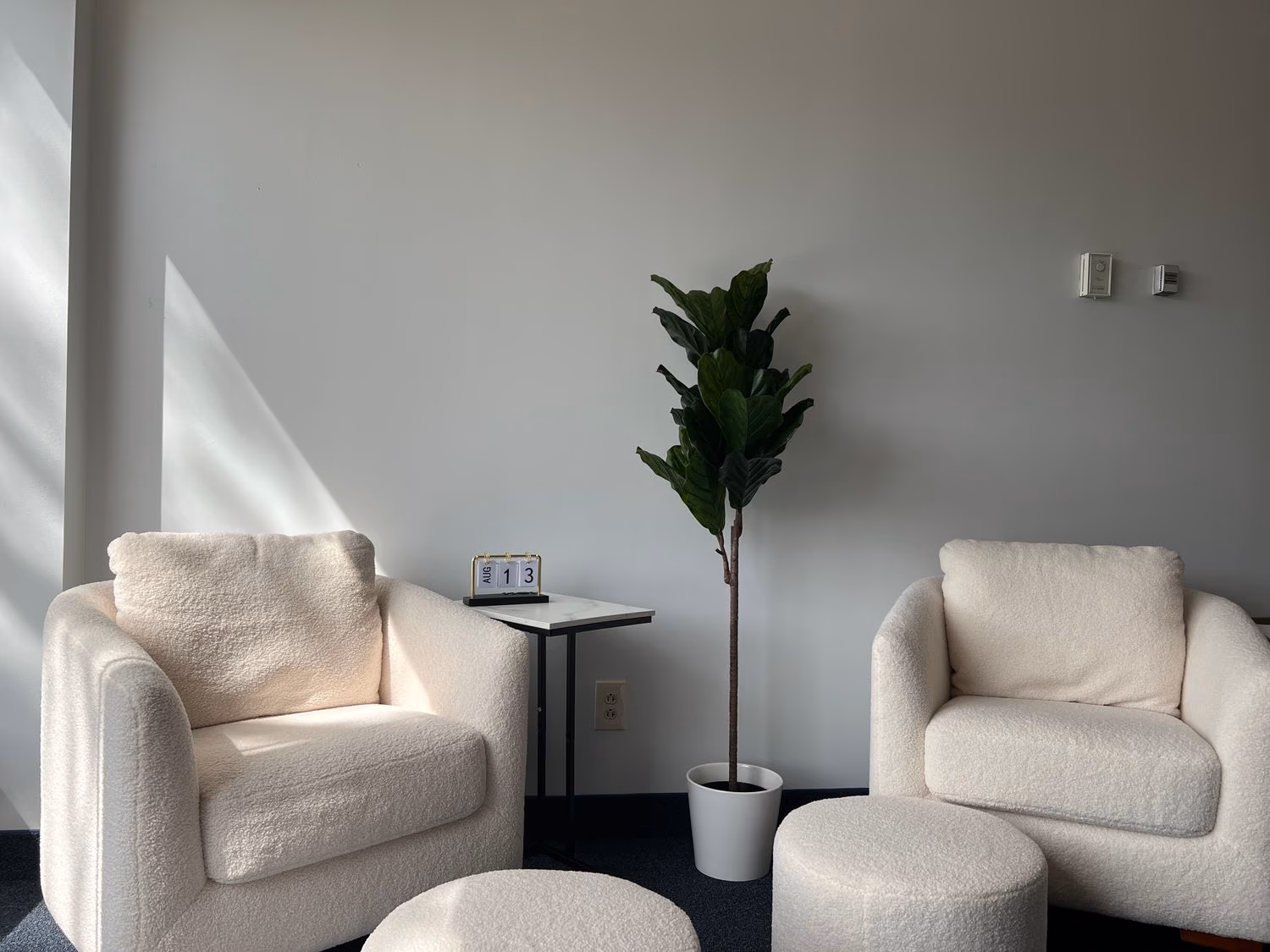 Two comfortable chairs and a plant in Gabby Silone's office at ABHS